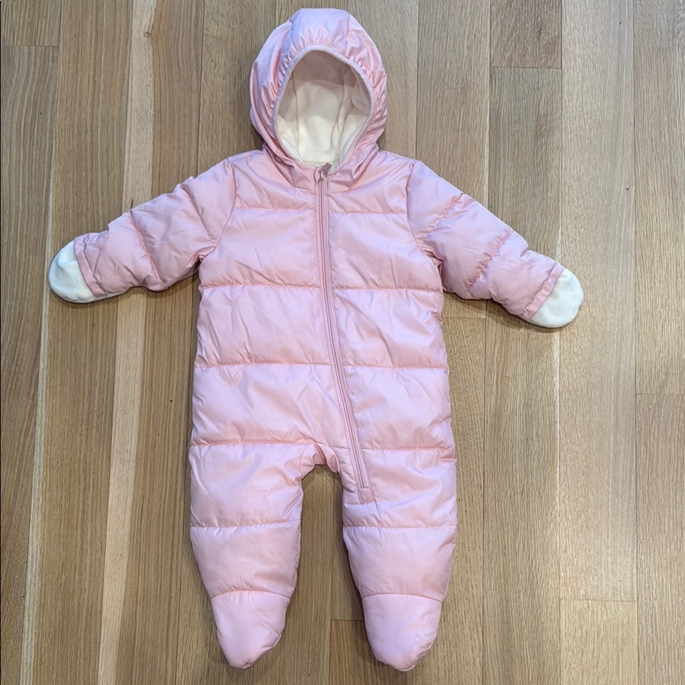 Pastel Pink Quilted One Piece Footie with Hood and Integrated Feet